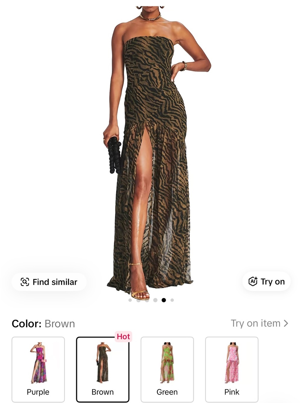 Strapless Brown Zebra-Print Sheer Maxi Dress with Thigh Slit